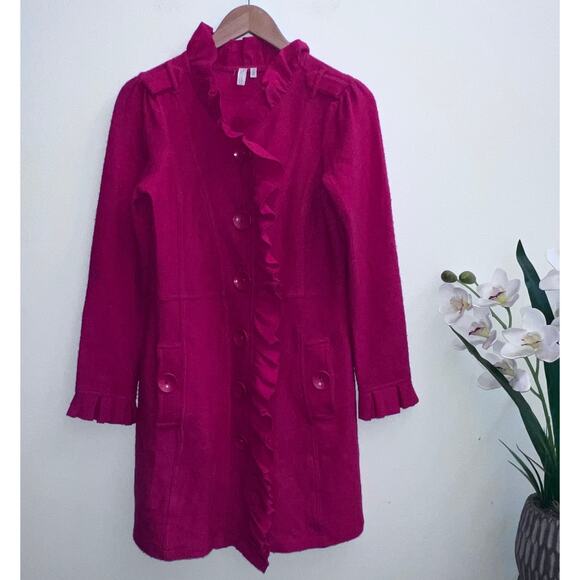 Madison 100% Wool Red Ruffled Jacket Trench Coat Women's Size Small - Picture 1 of 8